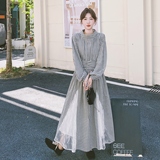 法式格子拼接网纱蕾丝连衣裙女2025秋季新款气质复古淡人立领长裙，女装连衣裙，浙宝288（原255）