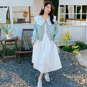 蕾丝拼接娃娃领短款皮衣外套女2025年春季新减龄洋气休闲夹克上衣图片