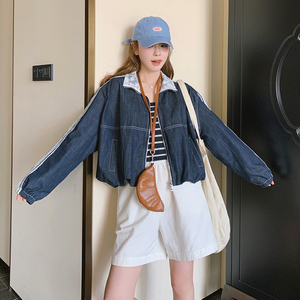深蓝色设计感运动风牛仔外套女2025春季新款蕾丝拼接条纹休闲夹克图片