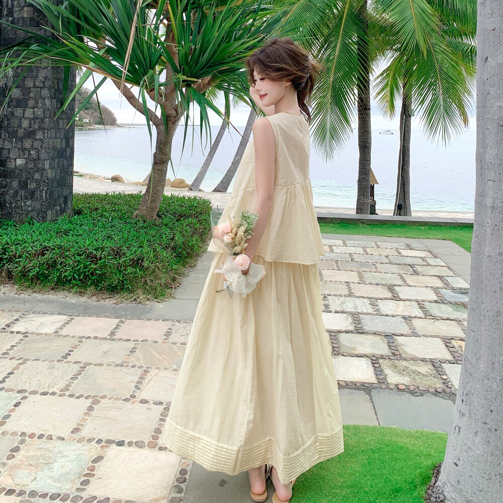 甜美减龄无袖米色半身裙套装女夏2025新款爆款漂亮独特流行两件套,女装连衣裙,浙宝288（原255）