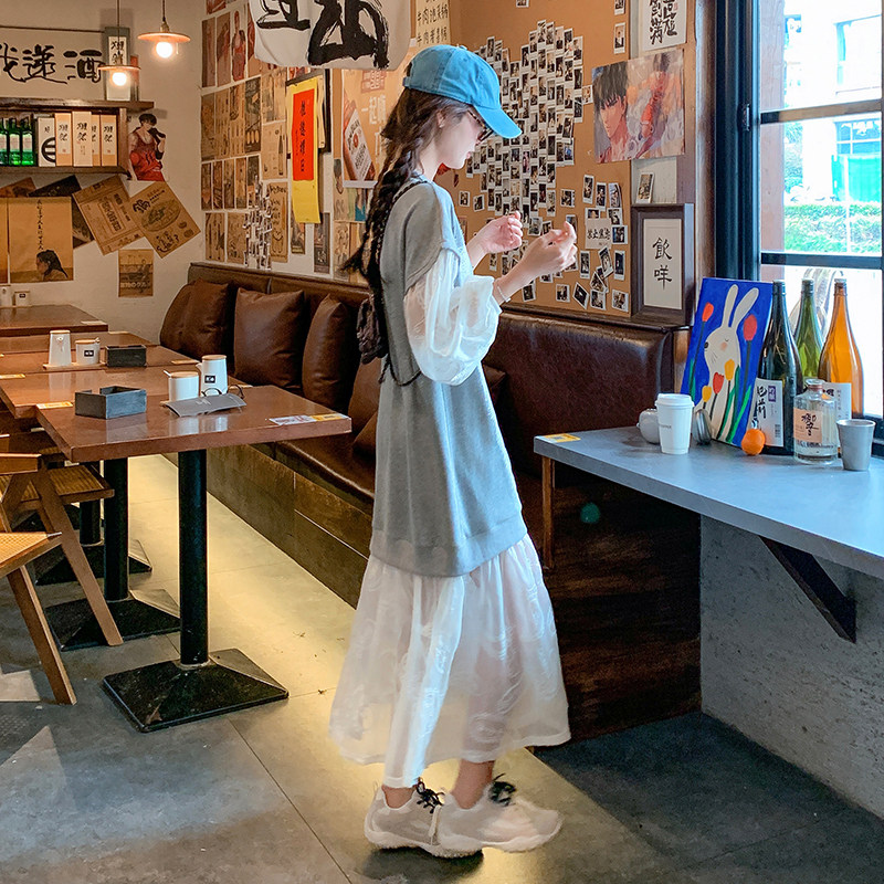 法式蕾丝拼接卫衣连衣裙女2025年春季新款减龄慵懒风假两件长裙潮,女装连衣裙,浙宝288（原255）