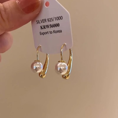 925银针金色水滴珍珠耳环