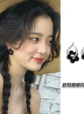 纯银针黑色花朵耳钉女
