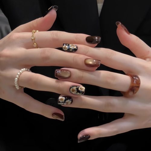 复古金花法式猫眼美甲穿戴甲