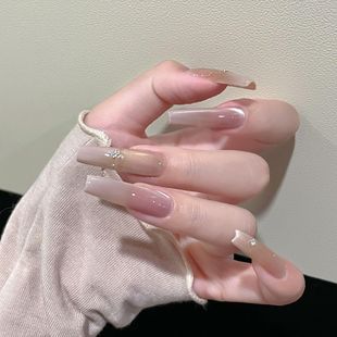 手工穿戴甲長款 奶咖凍凍 裸色冰透貓眼法式 高級光療顯白美甲片