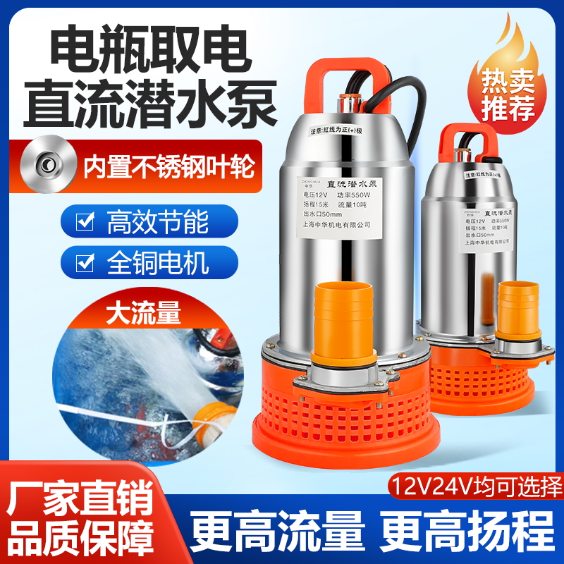 二寸大流量高扬程12V24V直流潜水泵货车加水船用电瓶泵灌溉大功率