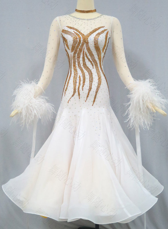 2022年新款摩登舞蹈服 国标舞裙 白色比赛服 专业定制 飘逸大摆裙