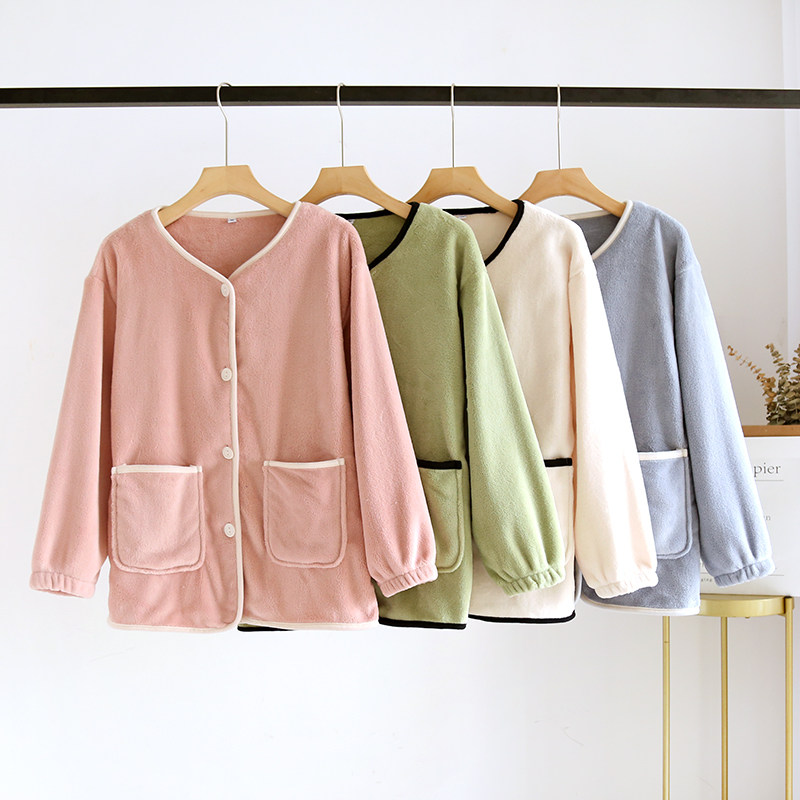 가을 겨울 두꺼운 산호 벨벳 인터넷 연예인 인기 홈웨어 플란넬 가디건 여성용 싱글 탑 새 잠옷