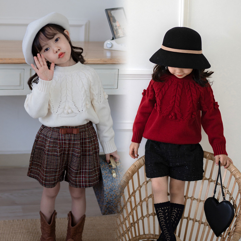 BangBang饱饱 ins风女童秋冬圣诞红色麻花球球毛衣+毛呢百搭短裤