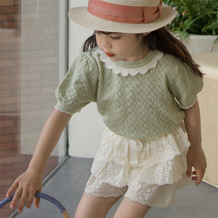 BangBang饱饱 ins风女童春夏薄款镂空针织衫花边领泡泡袖短袖上衣