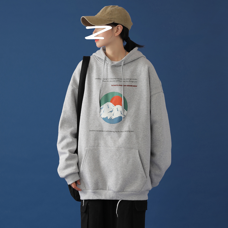 @Neutral blue wall Plush thickened snow mountain printed Hoodie men's autumn and winter outerwear