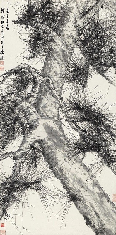 近代汤涤墨笔松树原大挂轴名画仿古字画高清原作版画微喷装裱范本