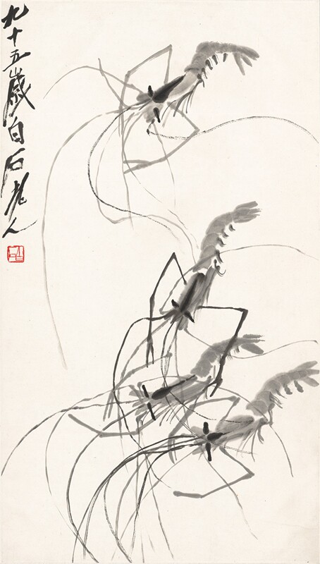 近代齐白石虾原大条幅装饰画仿古字画高清原作版画微喷卷轴范本