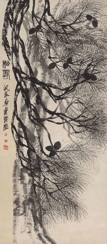 近代齐白石松寿图原大条幅画稿仿古字画高清复制品微喷装裱临摹