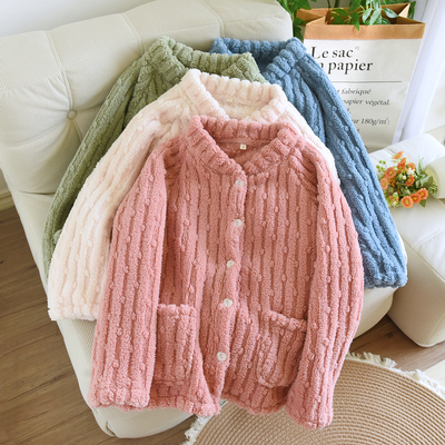 冬季单件上衣睡衣女长袖珊瑚绒加绒加厚2025新款立领法兰绒家居服