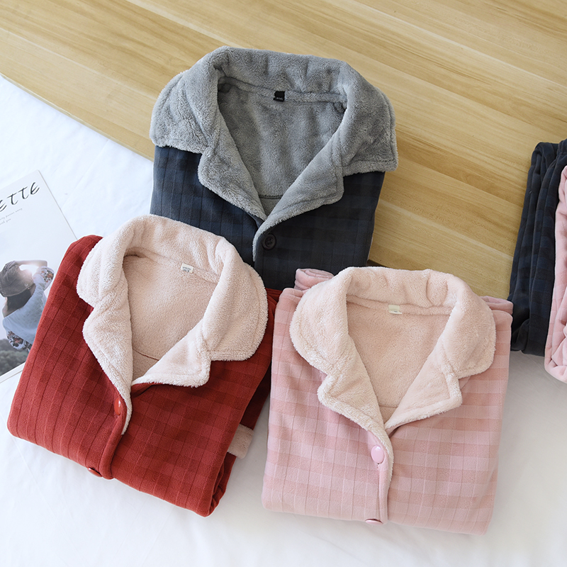 珊瑚绒睡衣女秋冬季情侣日系格子