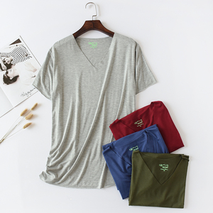 莫代尔纯棉短袖男t恤纯色运动加肥打底衫弹力宽松大码无痕V领半袖