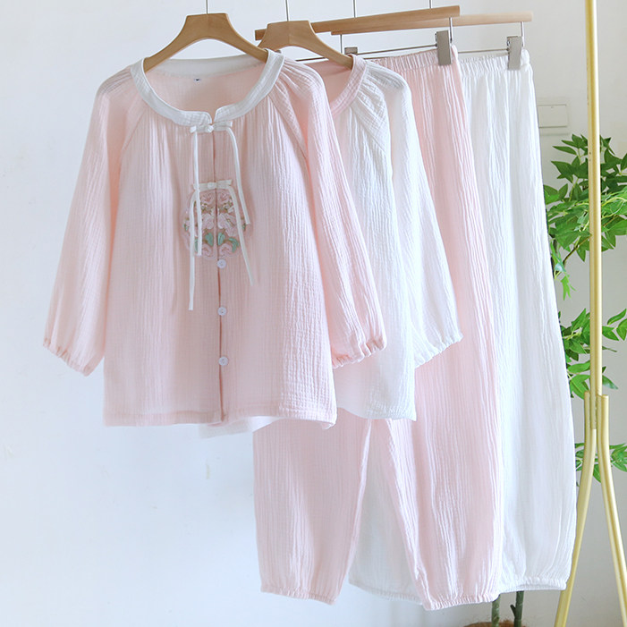 带胸垫睡衣女春秋纯棉双层纱布国风长袖套装收口2026新款夏家居服,女士内衣/男士内衣/家居服,睡衣/家居服套装,淘宝优惠券,粉丝福利购,淘宝优惠卷