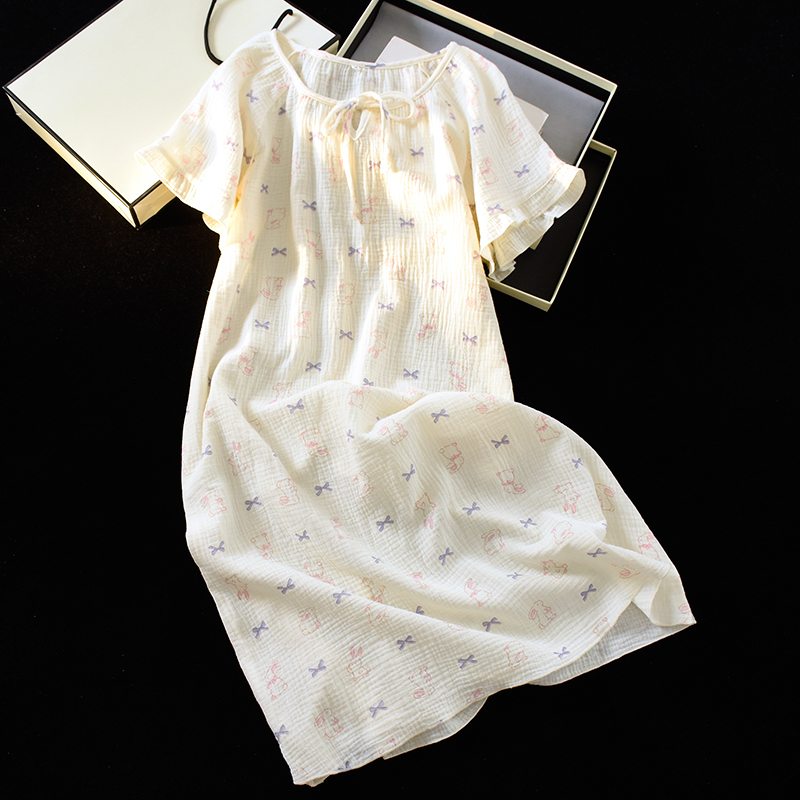 短袖睡裙女夏季纯棉双层纱布睡衣2025新款卡通100%全棉半袖家居裙