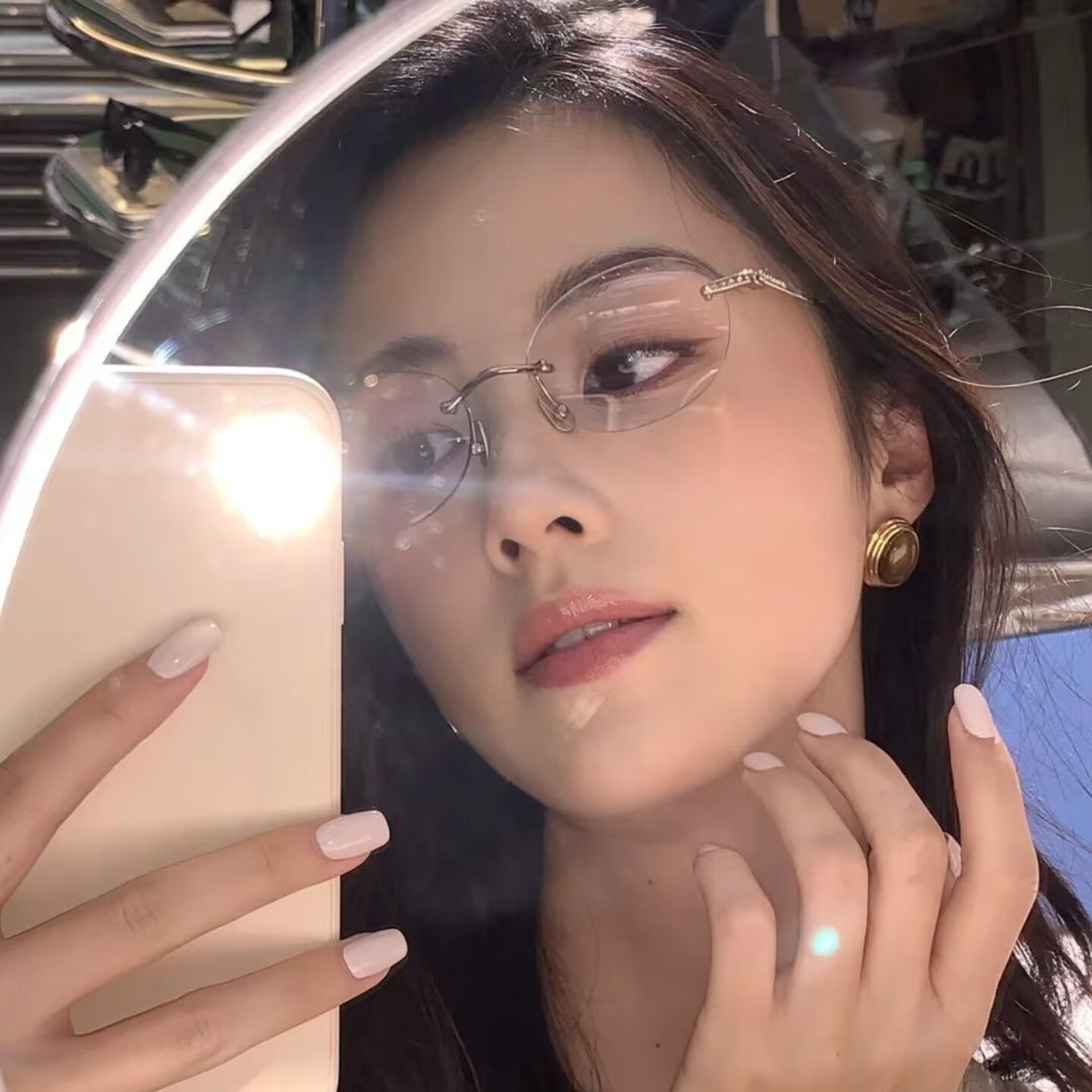 无边框素颜圆形眼镜架女方脸显瘦高质氛围网感镶钻学生配近视度数