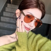 金属老钱风飞行员蛤蟆镜双梁橘色墨镜大框方圆脸显瘦高级感太阳镜