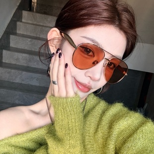 金属老钱风飞行员蛤蟆镜双梁橘色墨镜大框方圆脸显瘦高级感太阳镜