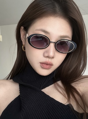 复古黑框双灰椭圆猫眼墨镜显瘦女