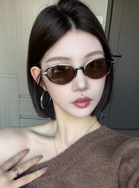 复古猫眼墨镜女金属老钱风小棕镜