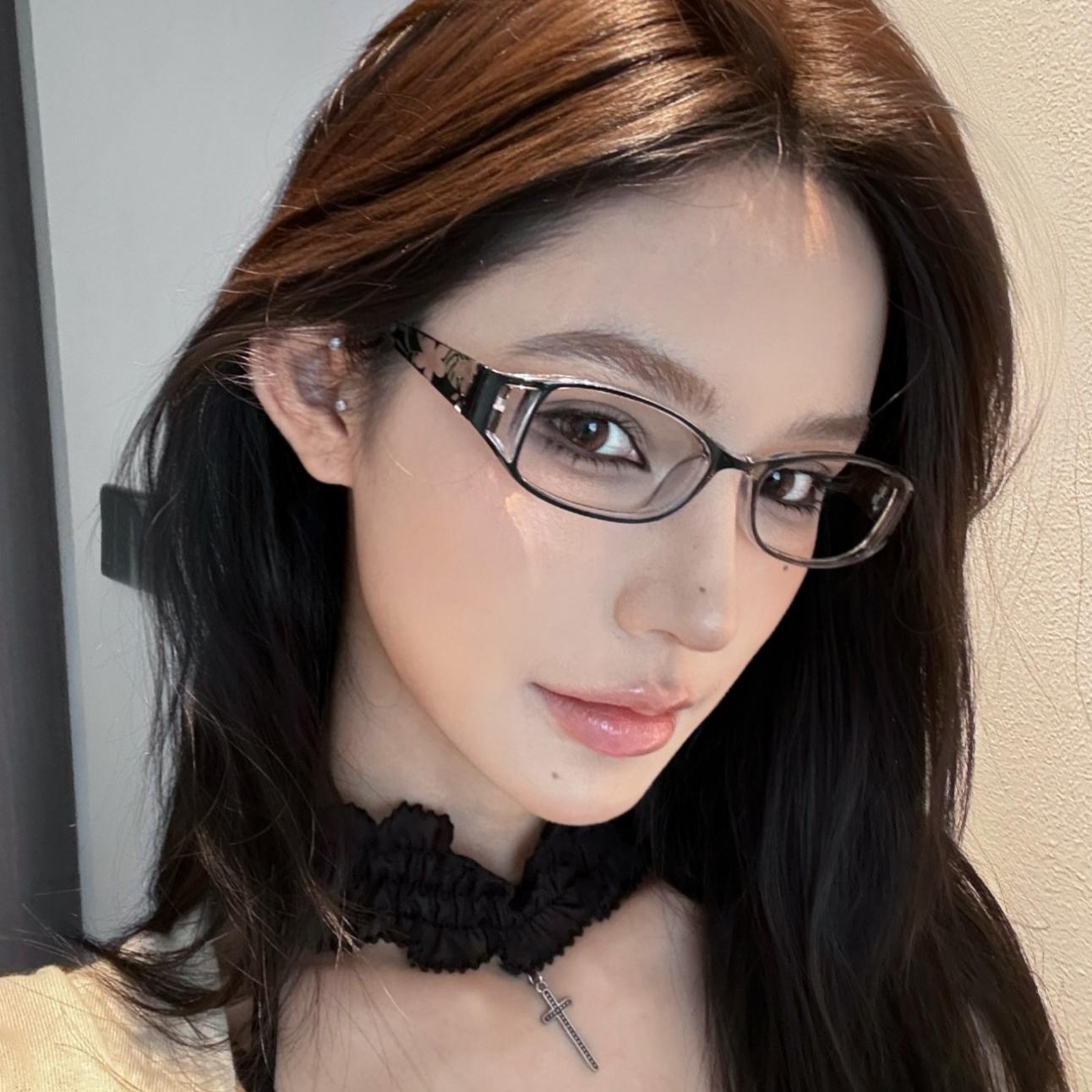 复古花纹90年代椭圆眼镜配配近视度数凹造型平光素颜镂空架欧美风