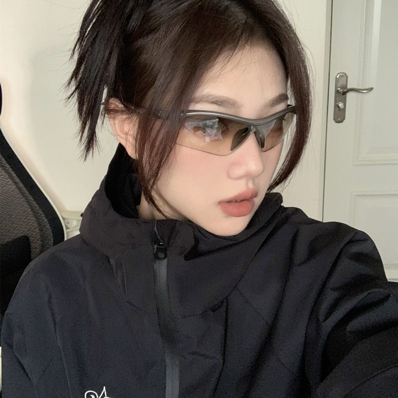 欧美骑行户外登山运动太阳镜连体防风半框眉枪灰水银色欧美风墨镜