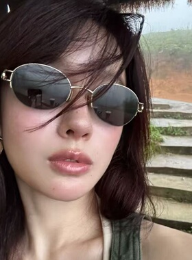 韩风金属椭圆半框镂空显瘦太阳镜