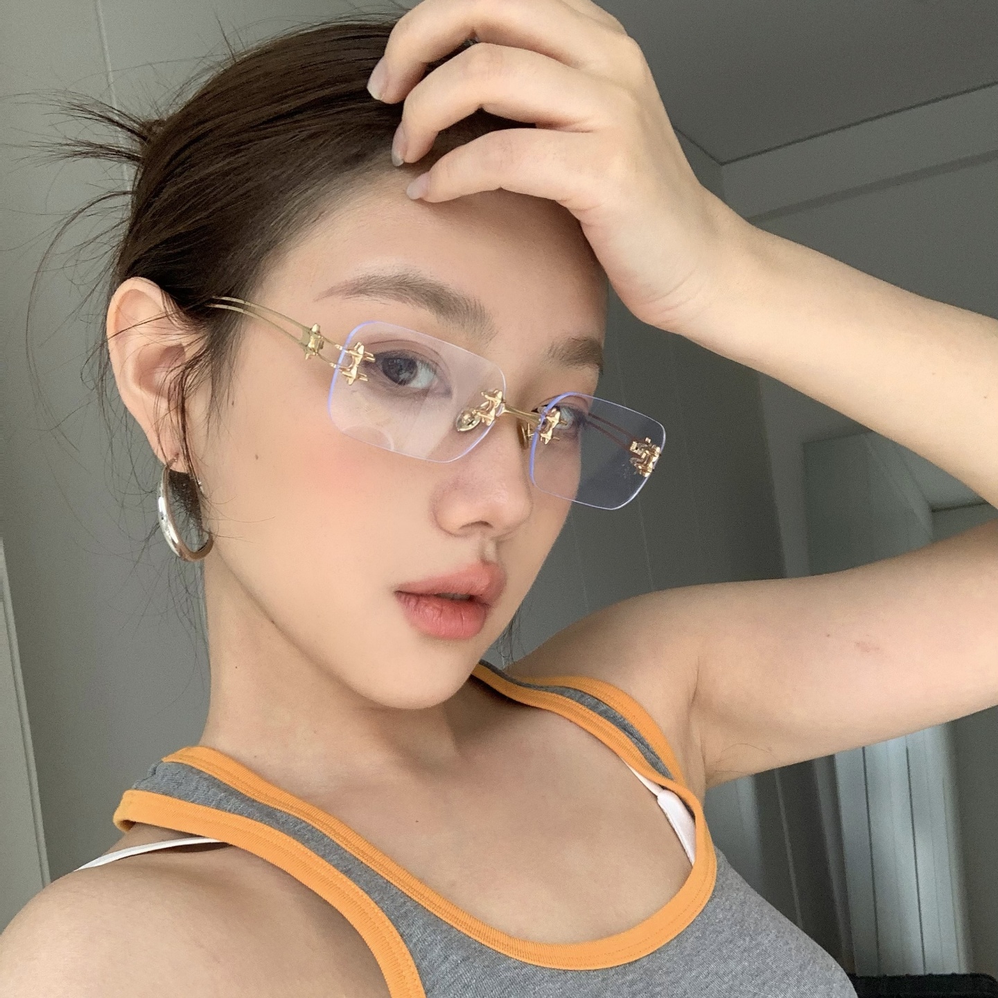 无边框方形欧美风素颜眼镜显瘦女