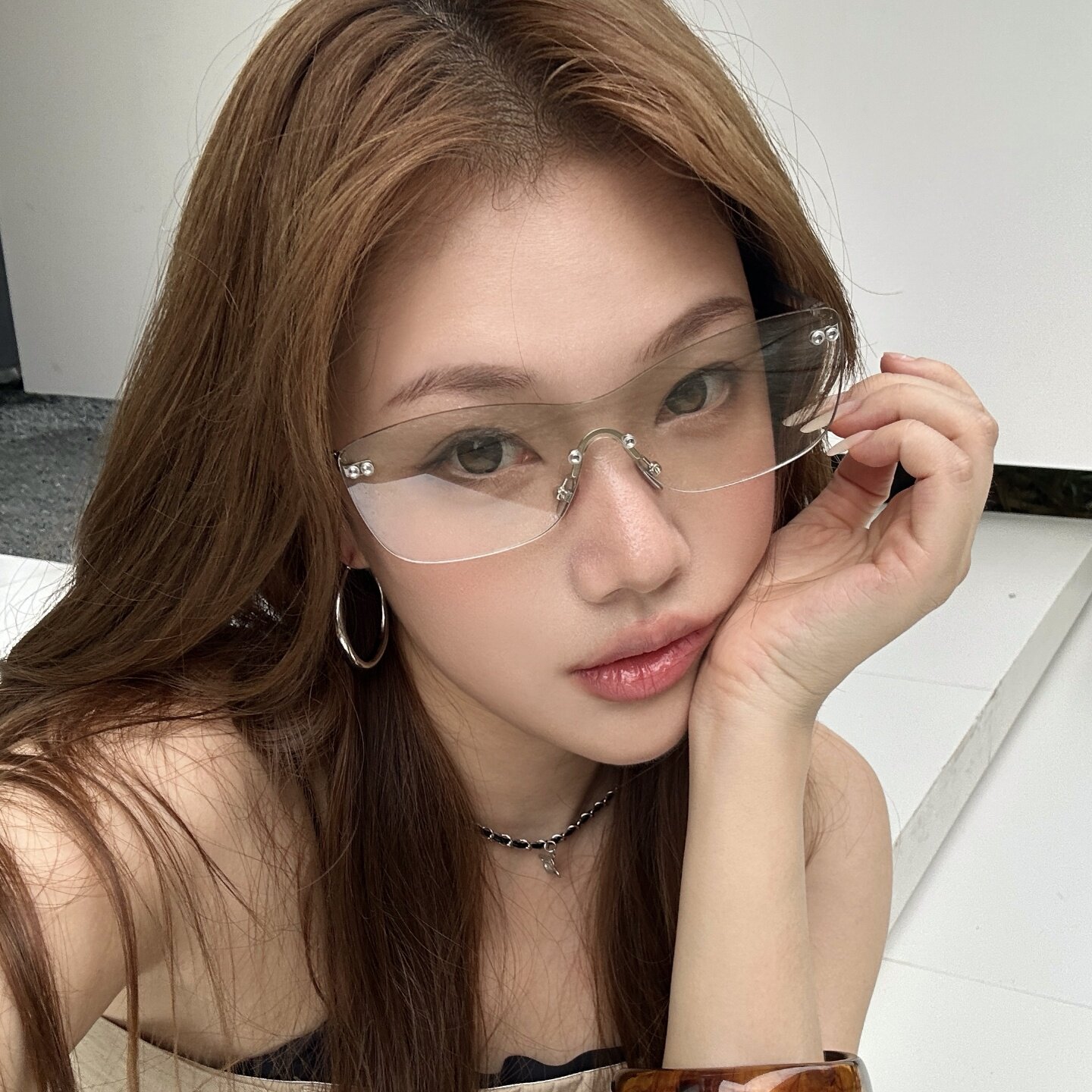 复古无框连体渐变水银色室内墨镜韩女潮方圆脸显瘦高级感太阳眼镜
