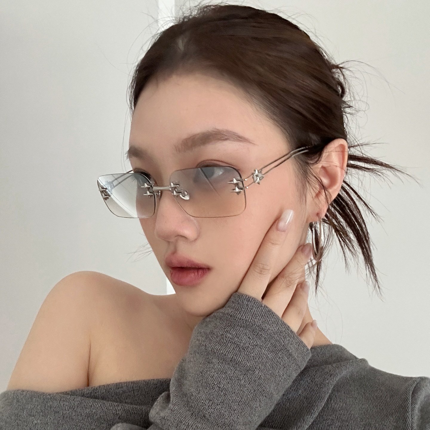 无框方形千禧y2k复古辣妹风透明水银墨镜女圆脸显瘦太阳镜高级感