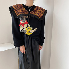 Korean cartoon printed round neck Pullover Sweater with leopard cape and leather skirt suit