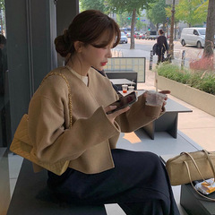 Guima girls' ultra short collarless simple woolen coat