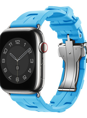 适用苹果apple watch9表带iwatch8手表带7爱马/仕橙色H纹硅胶折叠扣ultra2腕带S6高级感5男女新款