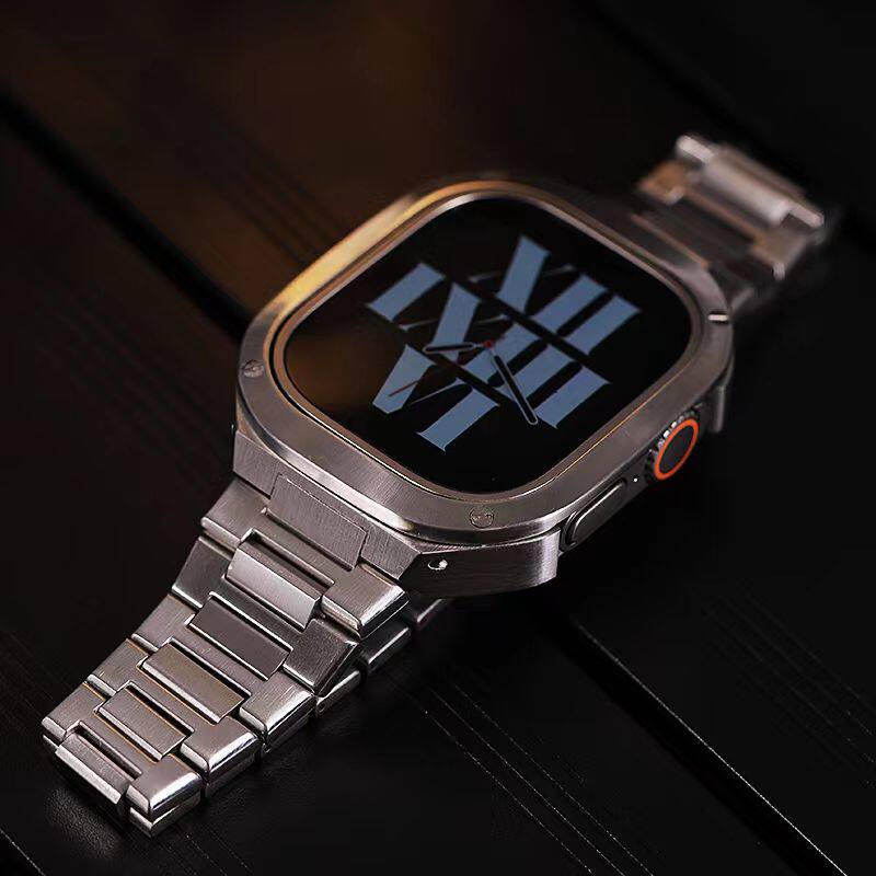 适用苹果ultra49mm免螺丝高级不锈钢改装壳包裹手表带apple watch小方块星河钛金属三珠钢带折叠扣秋冬款s8男