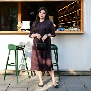 气质复古格子改良旗袍裙 女装 美丽客栈紫气东来2025夏季 桑蚕丝大码