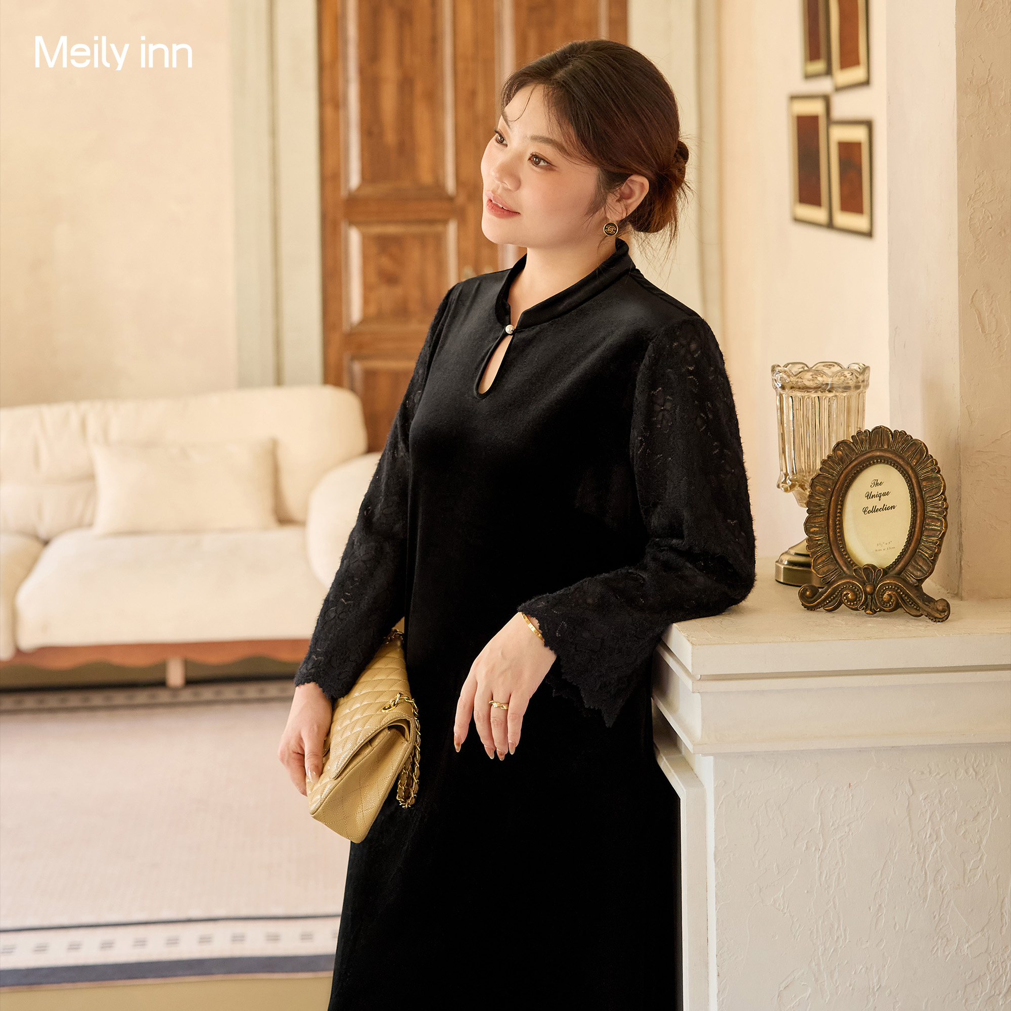 美丽客栈醋酸丝绒混纺气质连衣裙