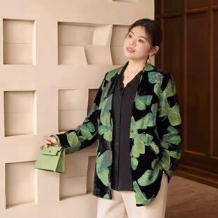 美丽客栈大码棉服女胖mm冬季显瘦不臃肿墨绿蝶影印花丝绒宽松外套