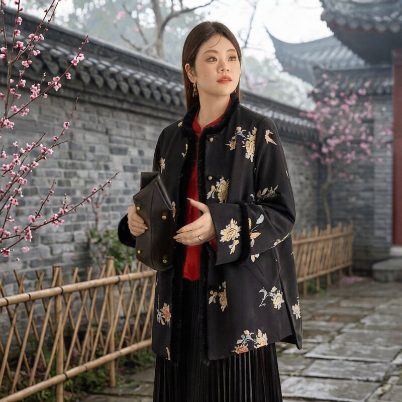 美丽客栈高端大码女装2025冬新款棉服新中式国风水貂毛夹棉外套女