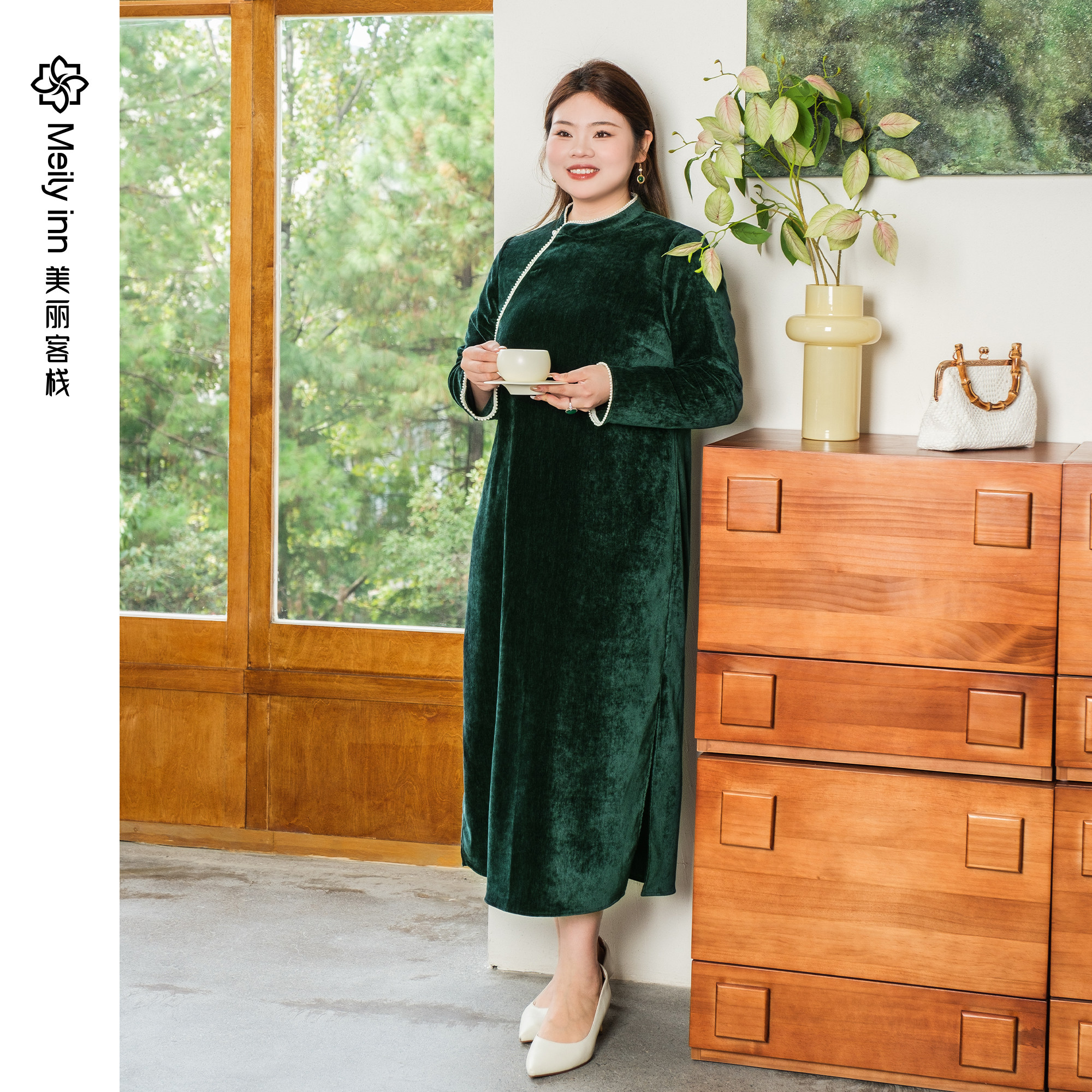 美丽客栈大码雪尼尔弹力连衣裙