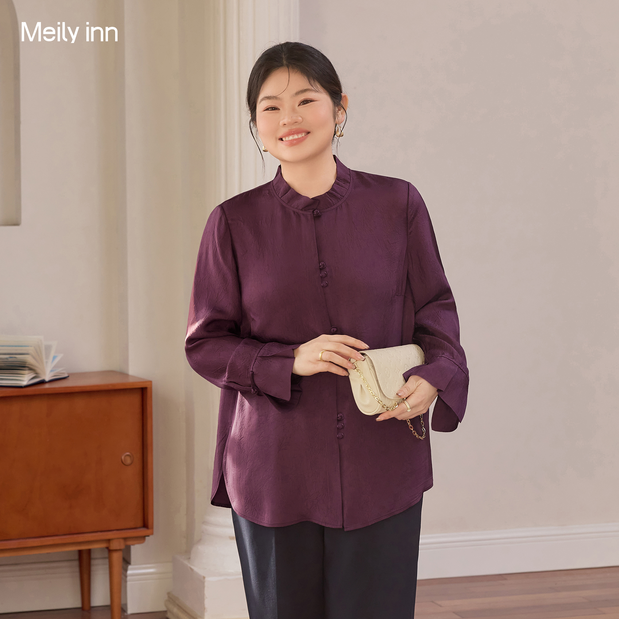 美丽客栈高端大码女装醋酸100%紫色衬衫胖mm高级感轻奢气质上衣