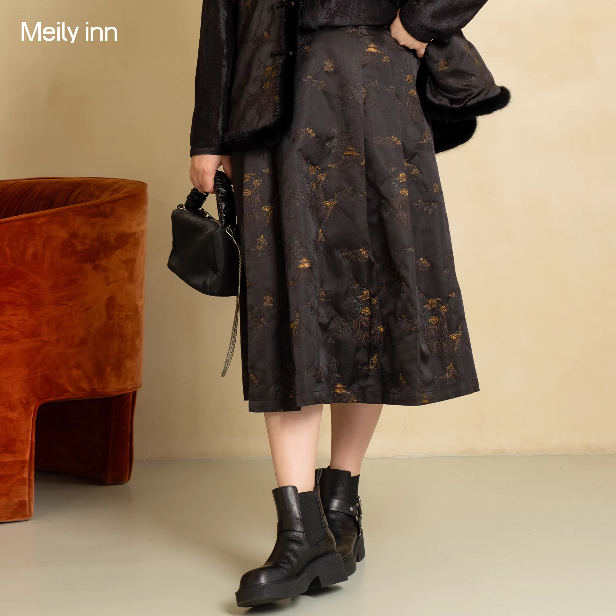 美丽客栈2025秋冬新款新中式提花高级感半身裙女大码女装a字长裙