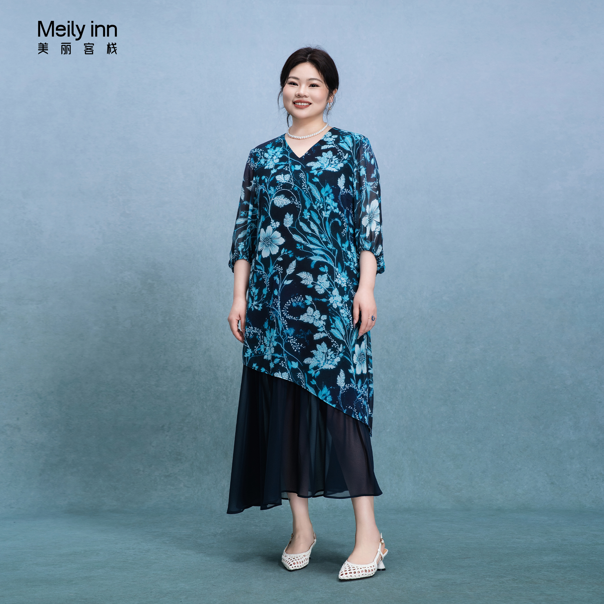 美丽客栈原创高端大码女装胖mm200斤加肥加大印花假两件夏连衣裙