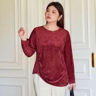 美丽客栈高端胖mm特大码女装200斤修身显瘦奢雅新年酒红色打底衫