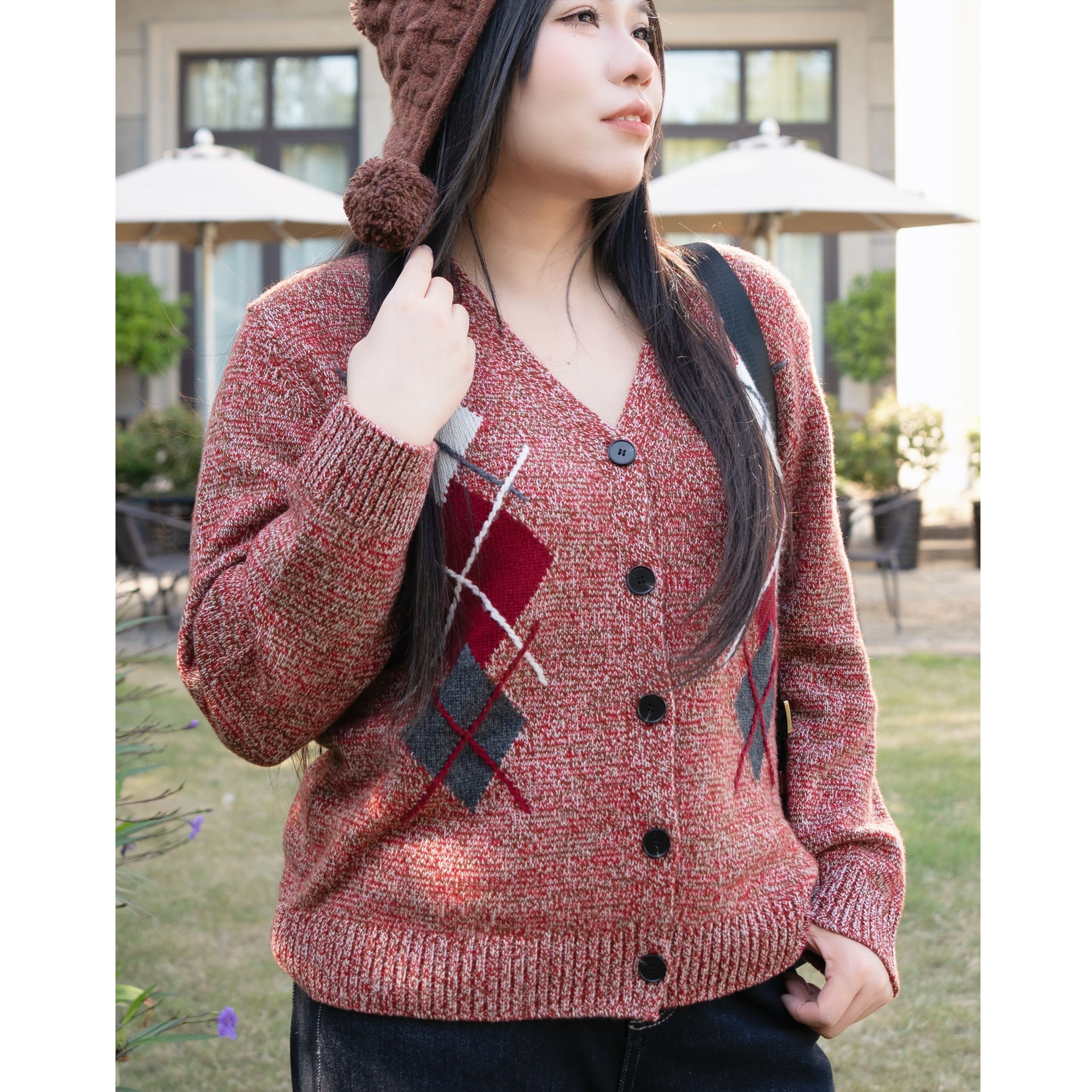 【100%绵羊毛针织衫美丽客栈大码女装V领气质款菱格减龄针织衫