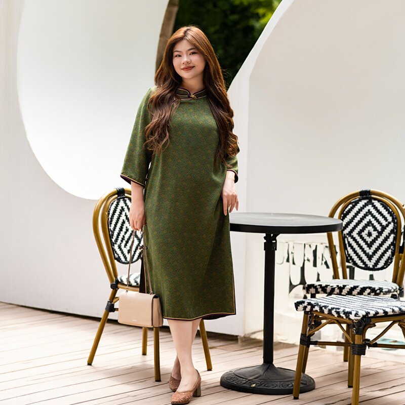 【桑蚕丝】复古翠玉大码胖mm新中式改良旗袍裙女花萝香云纱连衣裙