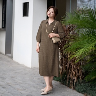 连衣裙夏胖mm女重磅格纹日系衬衫 美丽客栈简格大码 裙 宽松显瘦